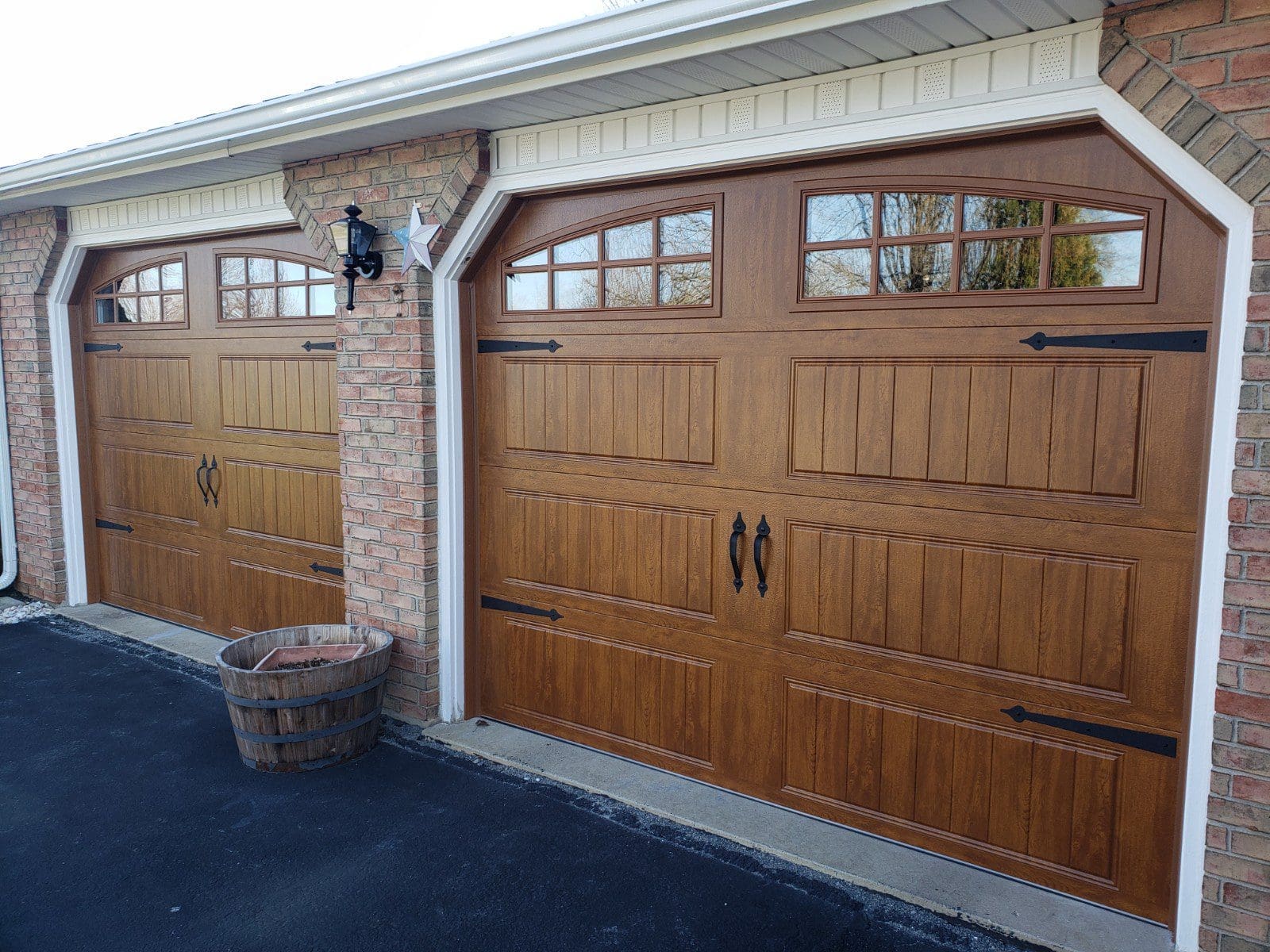 newly installed brown garage doors