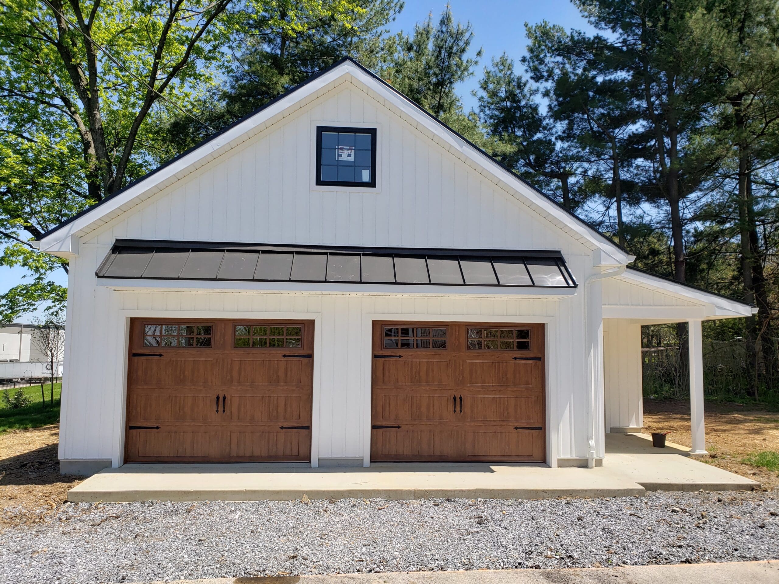 brown double-door garage